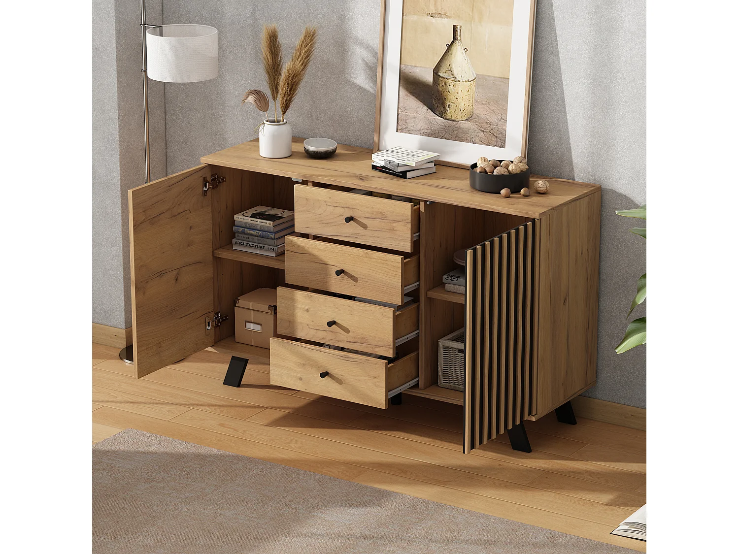 Aparador negro y natural con 2 puertas y 4 cajones, patas de madera negra 120x38x75 cm