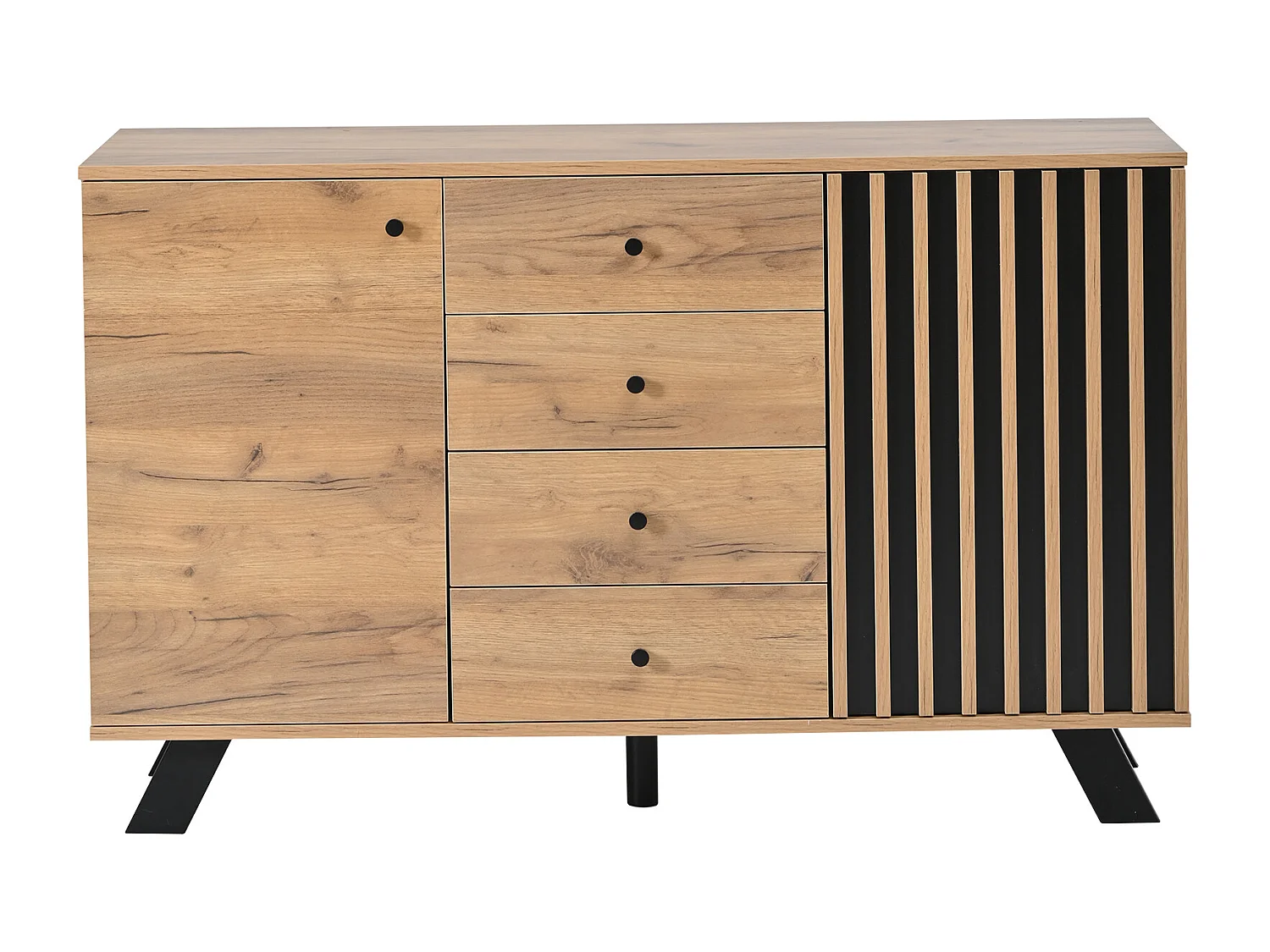 Aparador negro y natural con 2 puertas y 4 cajones, patas de madera negra 120x38x75 cm