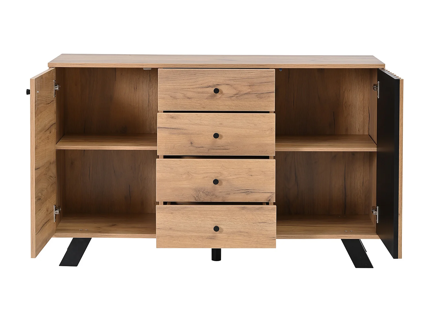 Aparador negro y natural con 2 puertas y 4 cajones, patas de madera negra 120x38x75 cm