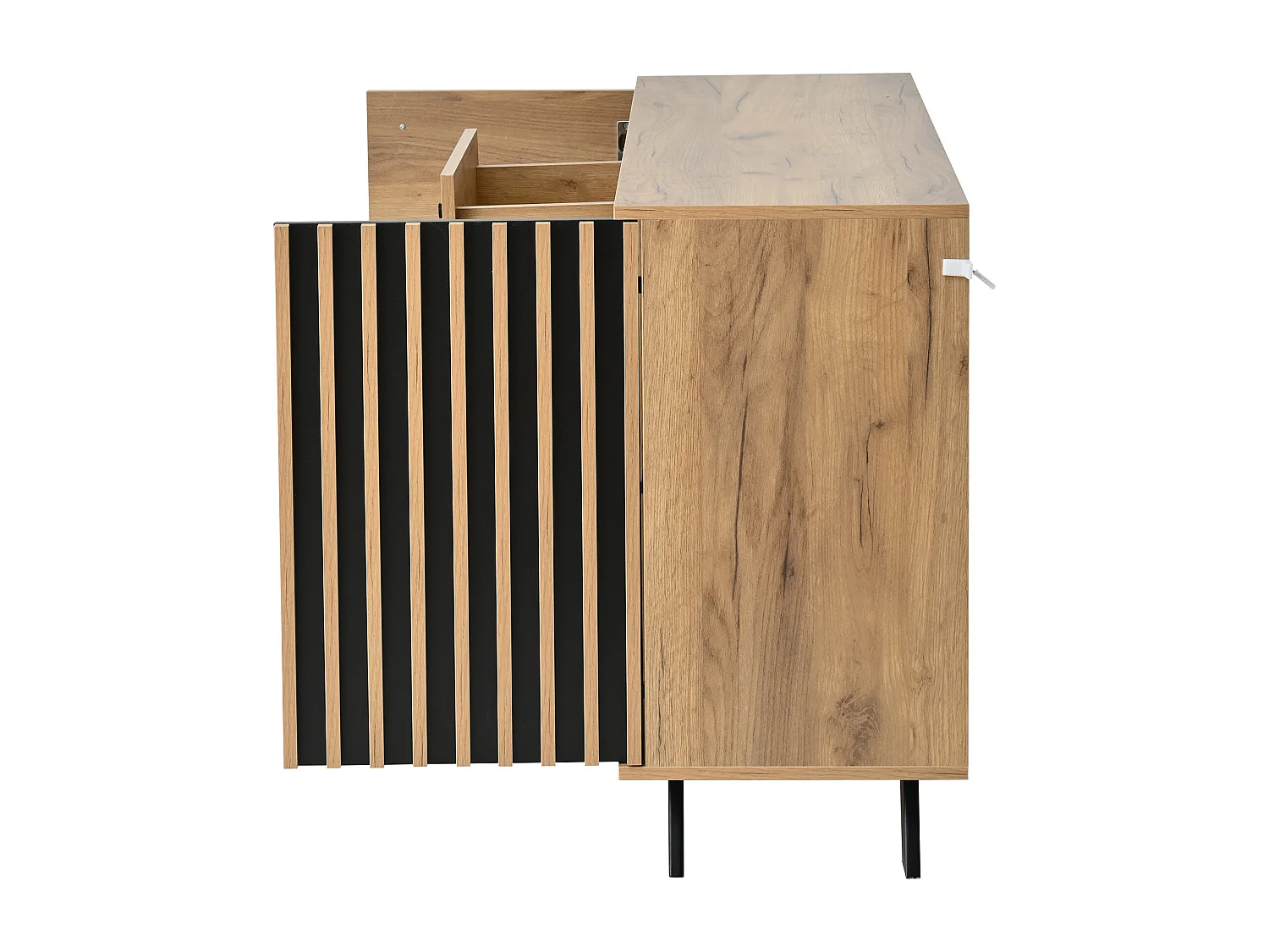 Aparador negro y natural con 2 puertas y 4 cajones, patas de madera negra 120x38x75 cm