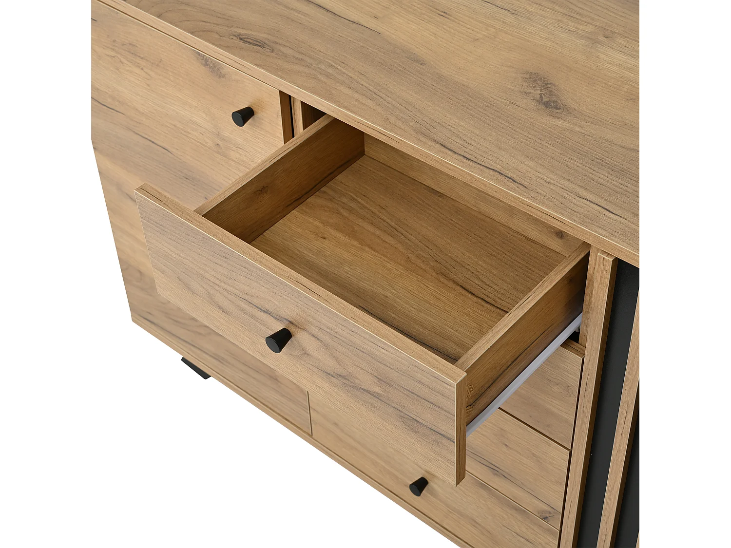 Aparador negro y natural con 2 puertas y 4 cajones, patas de madera negra 120x38x75 cm