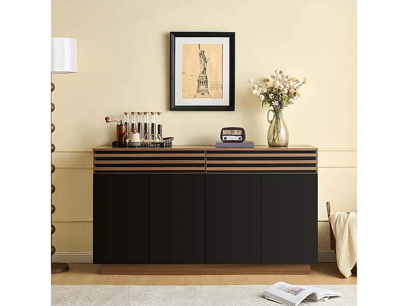 Buffet noir et marron avec 2 tiroirs et 4 portes, étagères réglables 150x40x85cm