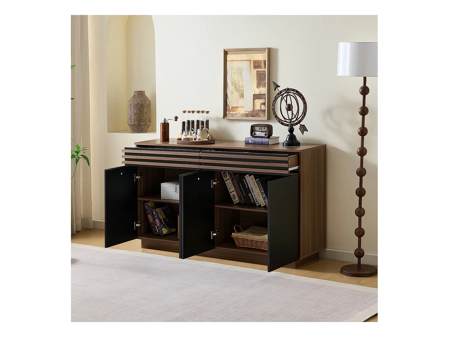 Buffet noir et marron avec 2 tiroirs et 4 portes, étagères réglables 150x40x85cm