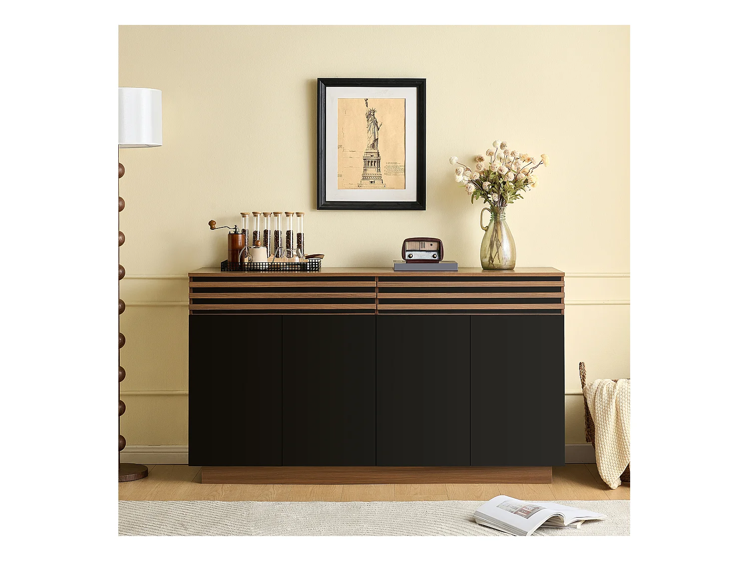 Buffet noir et marron avec 2 tiroirs et 4 portes, étagères réglables 150x40x85cm