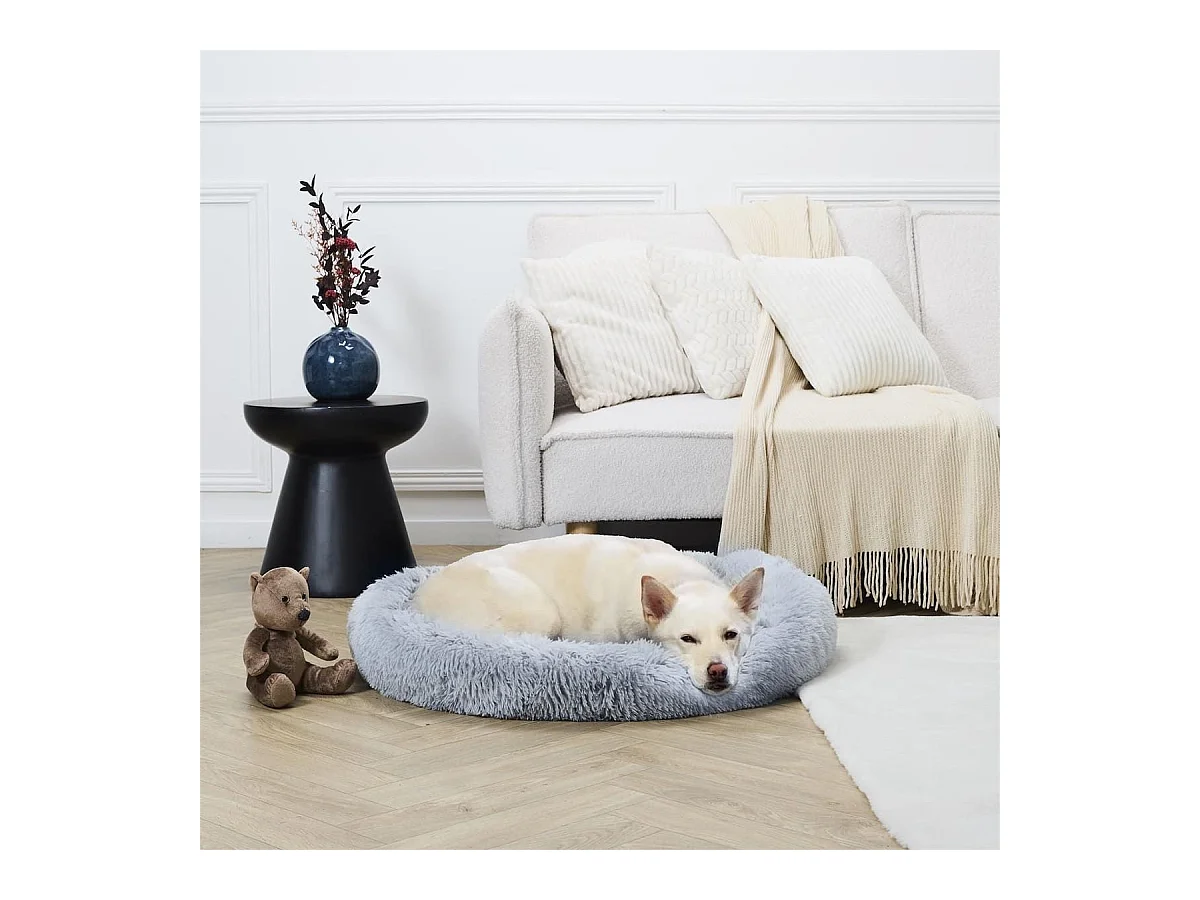 Coussin pour animaux rond diamètre 80 cm en fourrure synthétique ultra douce gris