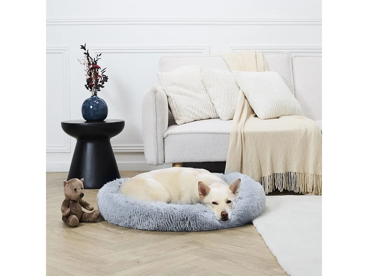 Coussin pour animaux rond diamètre 80 cm en fourrure synthétique ultra douce gris