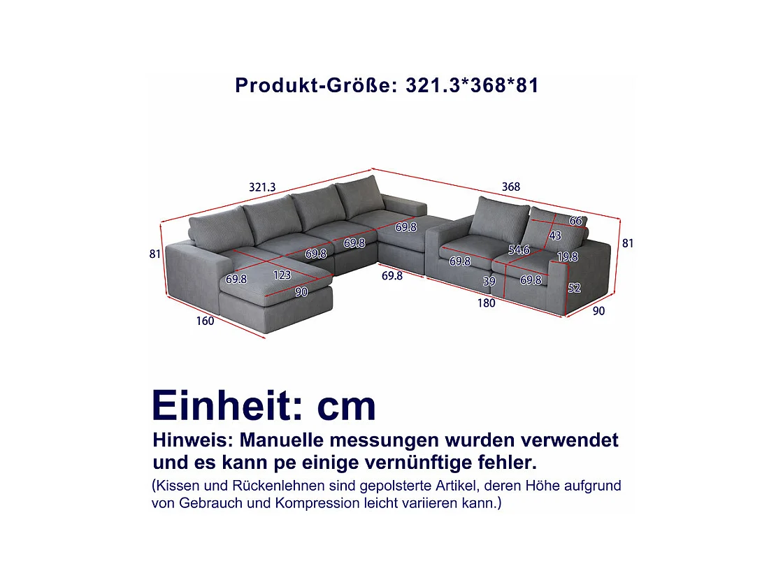 Canapé 6 Places d'angle modulable, en velours côtelé, avec Méridienne réversible, DIY salon, Gris anthracite