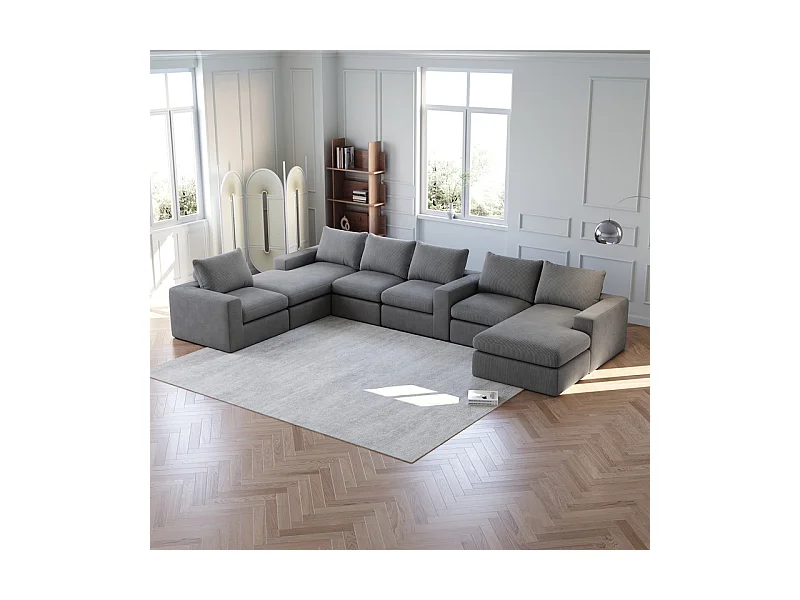 Canapé 6 Places d'angle modulable, en velours côtelé, avec Méridienne réversible, DIY salon, Gris anthracite