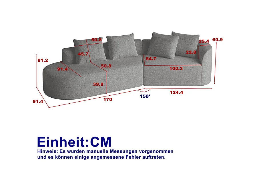 Canapé 4 places d'angle gauche moderne surdimensionné, avec 4 oreillers, méridienne incurvé, tissu chenille, Gris anthracite