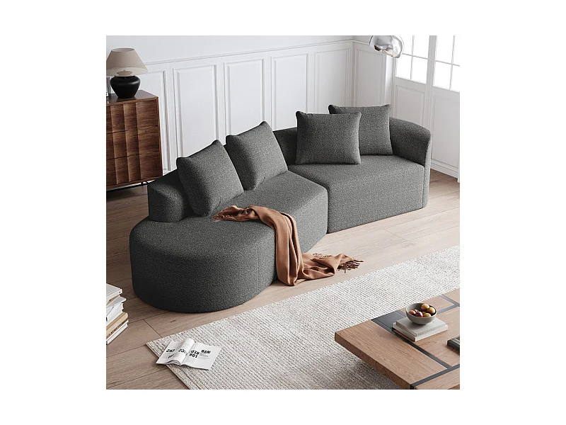 Canapé 4 places d'angle gauche moderne surdimensionné, avec 4 oreillers, méridienne incurvé, tissu chenille, Gris anthracite