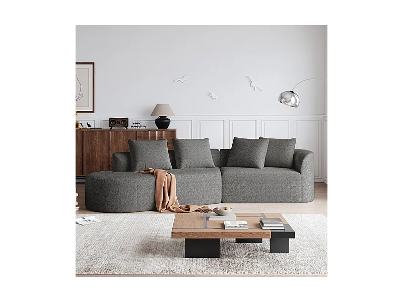 Canapé 4 places d'angle gauche moderne surdimensionné, avec 4 oreillers, méridienne incurvé, tissu chenille, Gris anthracite