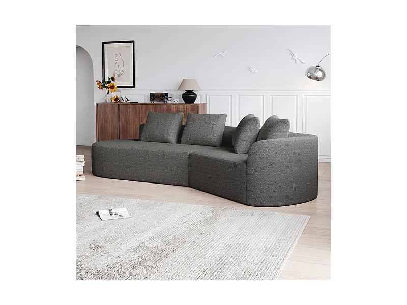 Canapé 4 places d'angle gauche moderne surdimensionné, avec 4 oreillers, méridienne incurvé, tissu chenille, Gris anthracite