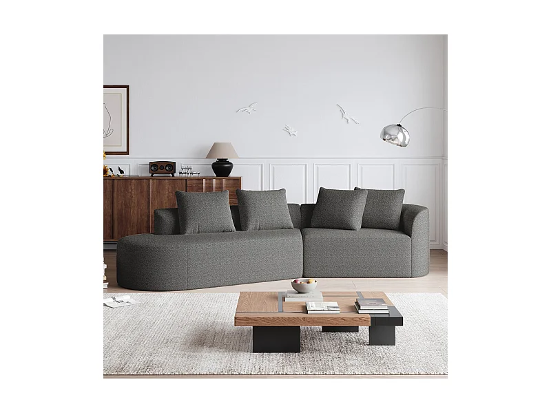 Canapé 4 places d'angle gauche moderne surdimensionné, avec 4 oreillers, méridienne incurvé, tissu chenille, Gris anthracite