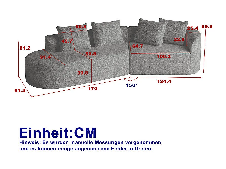 Canapé 4 places d'angle gauche moderne surdimensionné, avec 4 oreillers, méridienne incurvé, tissu chenille, Gris anthracite