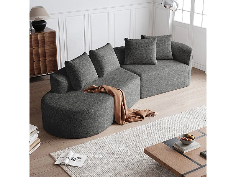 Canapé 4 places d'angle gauche moderne surdimensionné, avec 4 oreillers, méridienne incurvé, tissu chenille, Gris anthracite