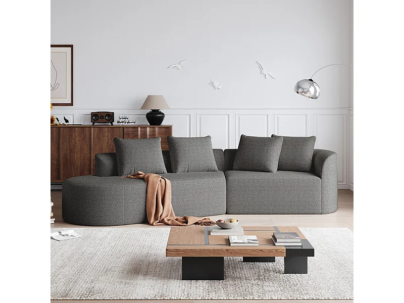 Canapé 4 places d'angle gauche moderne surdimensionné, avec 4 oreillers, méridienne incurvé, tissu chenille, Gris anthracite