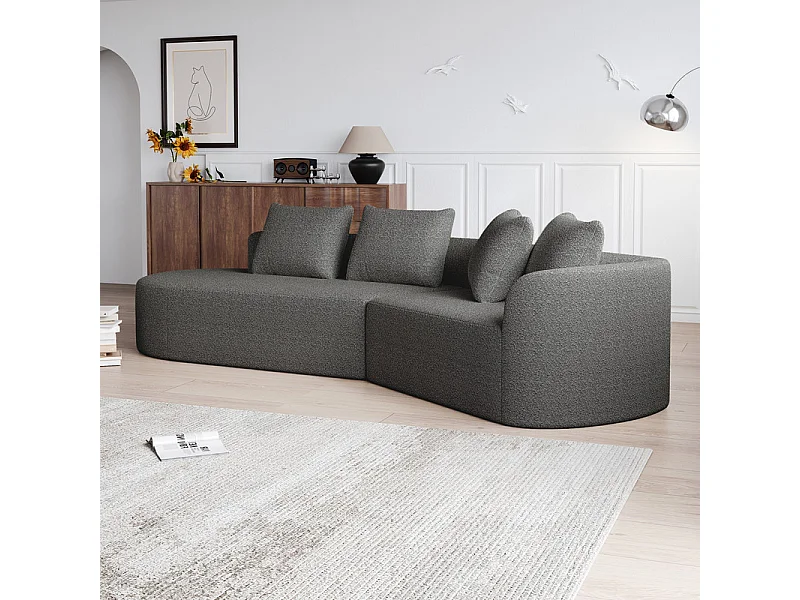 Canapé 4 places d'angle gauche moderne surdimensionné, avec 4 oreillers, méridienne incurvé, tissu chenille, Gris anthracite