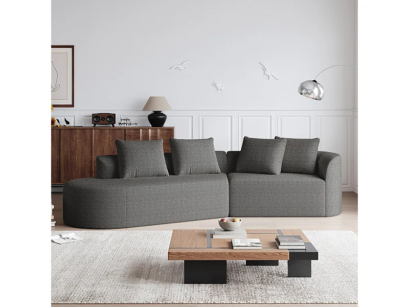 Canapé 4 places d'angle gauche moderne surdimensionné, avec 4 oreillers, méridienne incurvé, tissu chenille, Gris anthracite