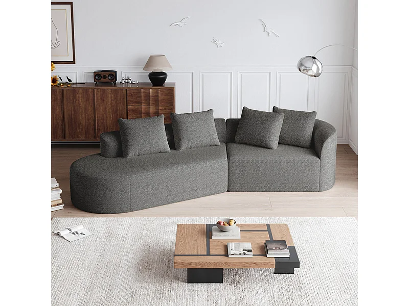 Canapé 4 places d'angle gauche moderne surdimensionné, avec 4 oreillers, méridienne incurvé, tissu chenille, Gris anthracite