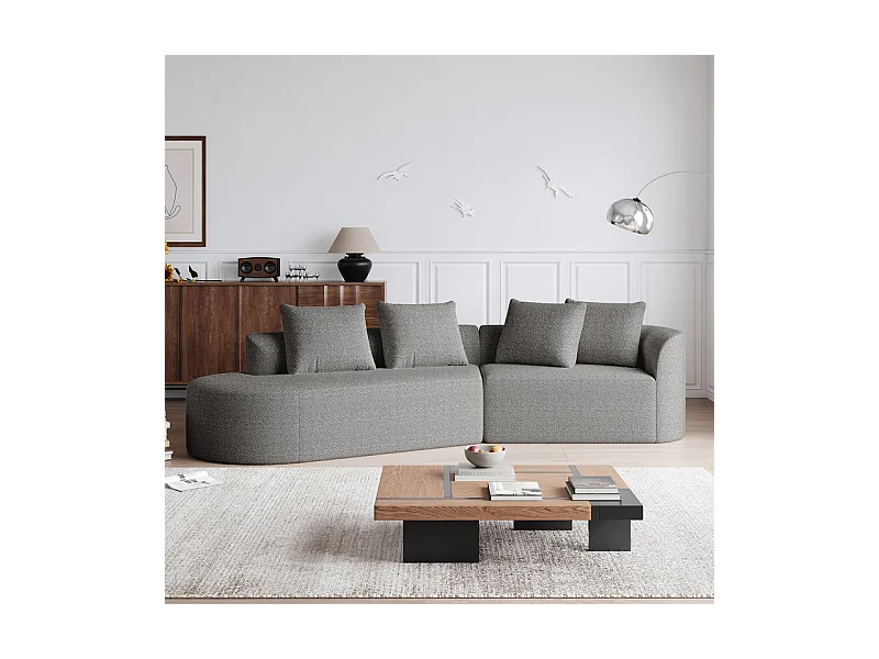 Canapé 4 places d'angle gauche moderne surdimensionné, avec 4 oreillers, méridienne incurvé, tissu chenille, Gris clair