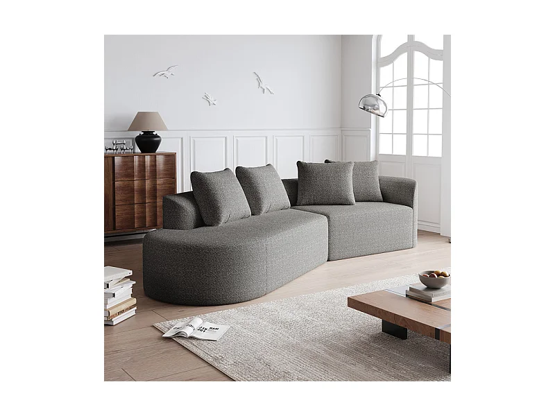 Canapé 4 places d'angle gauche moderne surdimensionné, avec 4 oreillers, méridienne incurvé, tissu chenille, Gris clair
