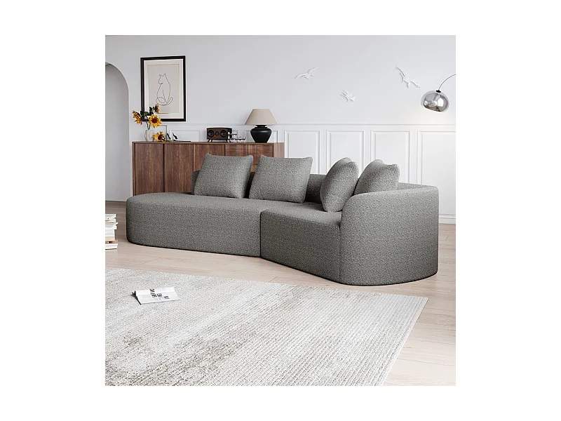 Canapé 4 places d'angle gauche moderne surdimensionné, avec 4 oreillers, méridienne incurvé, tissu chenille, Gris clair
