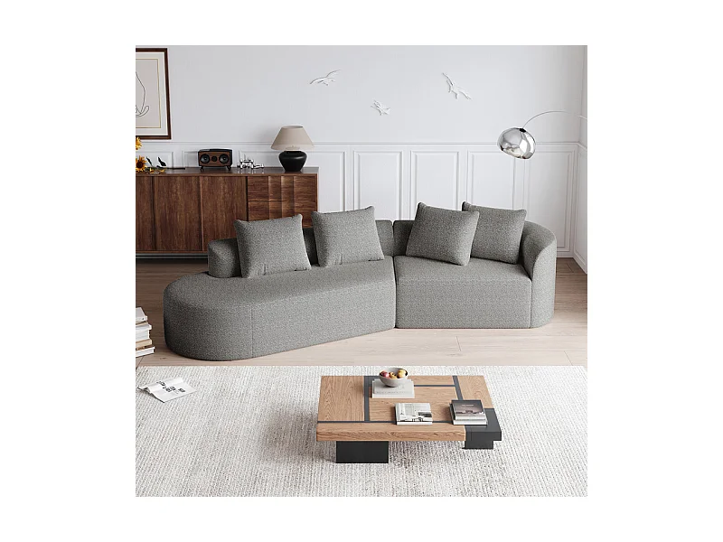 Canapé 4 places d'angle gauche moderne surdimensionné, avec 4 oreillers, méridienne incurvé, tissu chenille, Gris clair