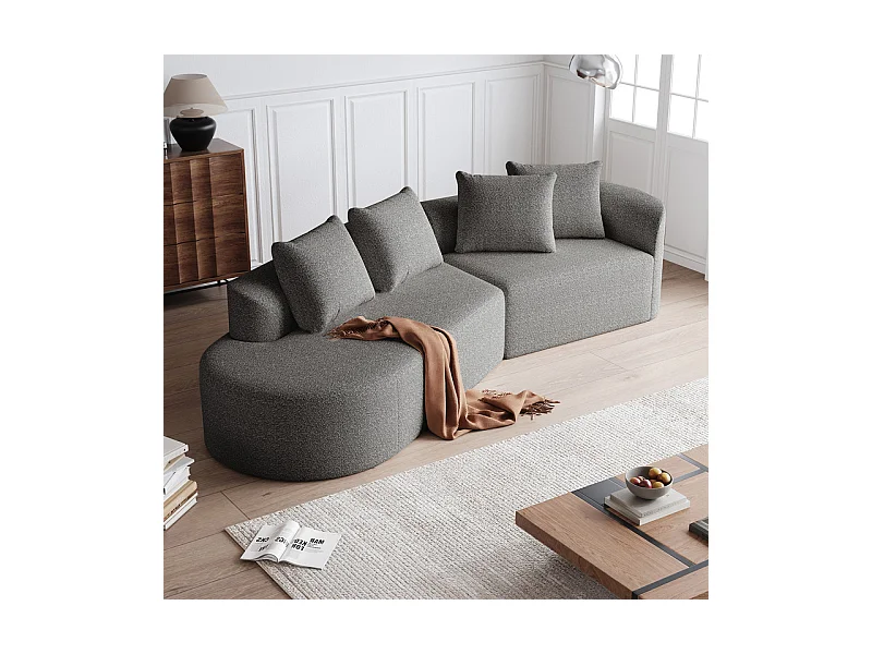 Moderne Overmaatse Linker 4-zits Hoekbank, met 4 Kussens, Gebogen Lounger, Chenille Stof, Lichtgrijs