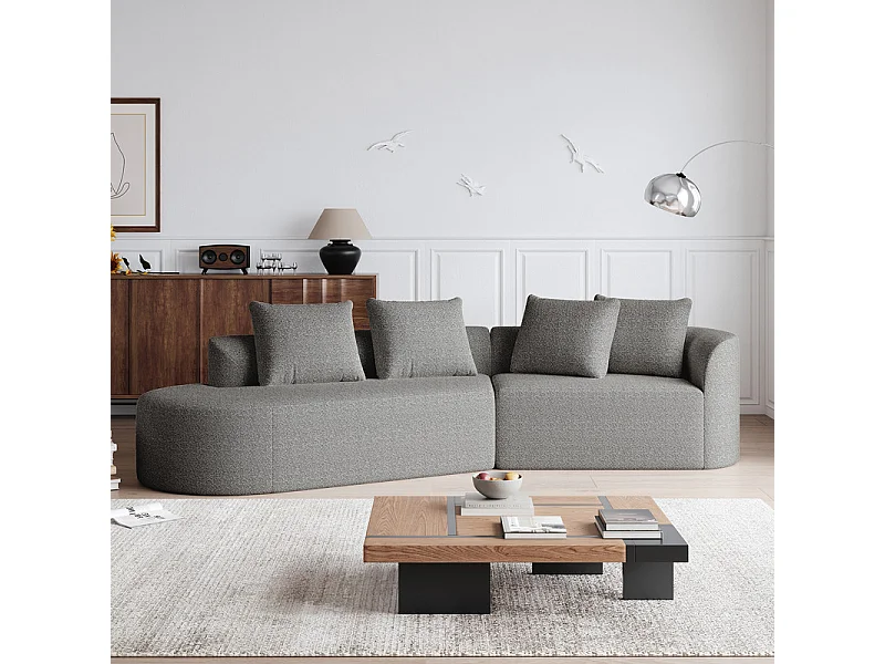Canapé 4 places d'angle gauche moderne surdimensionné, avec 4 oreillers, méridienne incurvé, tissu chenille, Gris clair