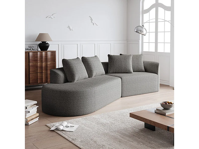 Canapé 4 places d'angle gauche moderne surdimensionné, avec 4 oreillers, méridienne incurvé, tissu chenille, Gris clair