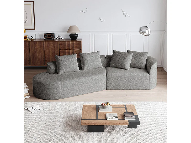 Canapé 4 places d'angle gauche moderne surdimensionné, avec 4 oreillers, méridienne incurvé, tissu chenille, Gris clair