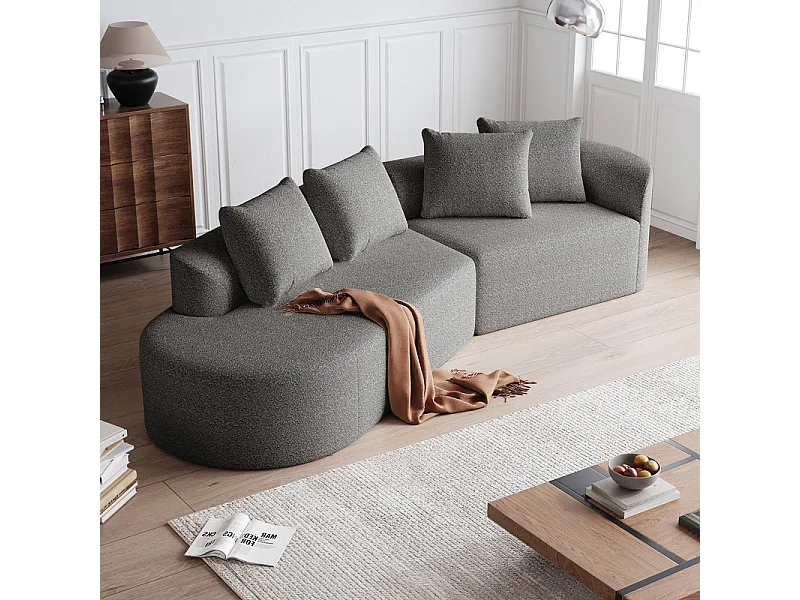 Canapé 4 places d'angle gauche moderne surdimensionné, avec 4 oreillers, méridienne incurvé, tissu chenille, Gris clair