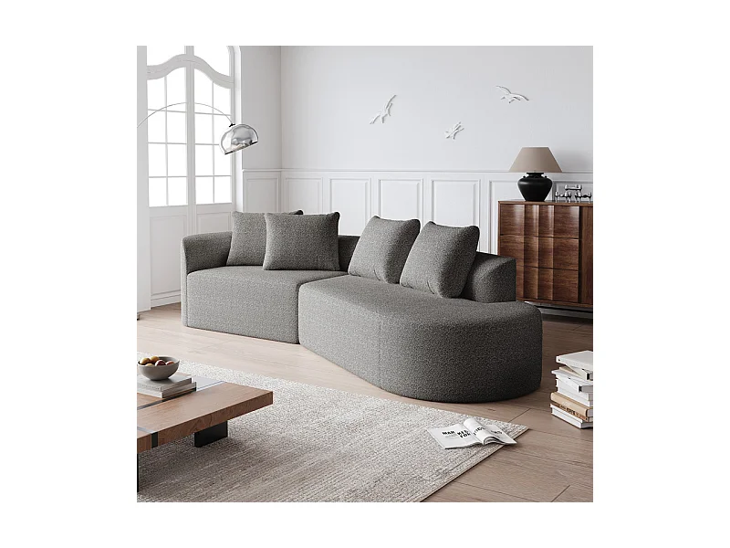 Canapé 4 places d'angle droit moderne surdimensionné, avec 4 oreillers, méridienne incurvé, tissu chenille, Gris clair