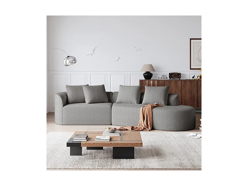 Canapé 4 places d'angle droit moderne surdimensionné, avec 4 oreillers, méridienne incurvé, tissu chenille, Gris clair
