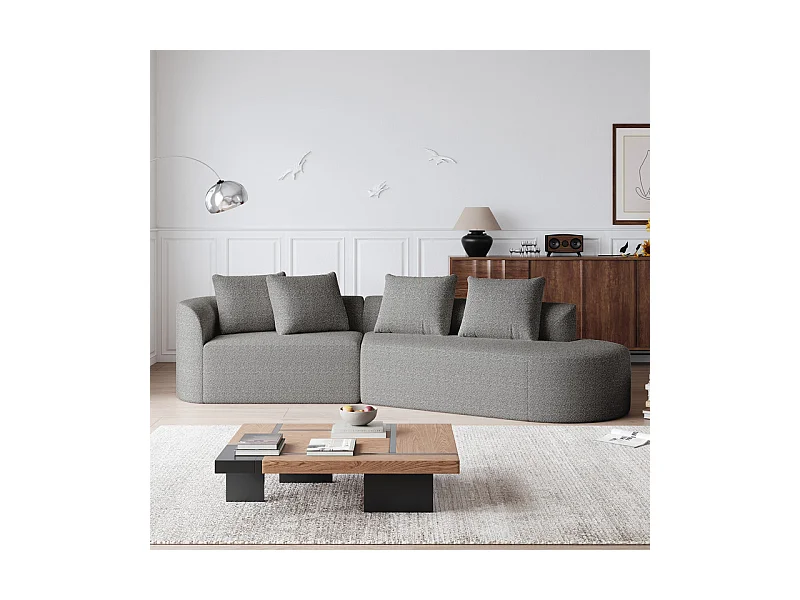 Canapé 4 places d'angle droit moderne surdimensionné, avec 4 oreillers, méridienne incurvé, tissu chenille, Gris clair