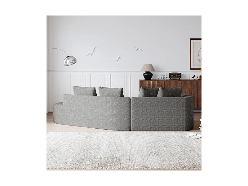 Canapé 4 places d'angle droit moderne surdimensionné, avec 4 oreillers, méridienne incurvé, tissu chenille, Gris clair