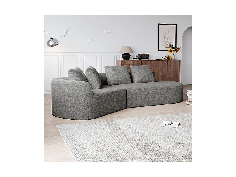 Canapé 4 places d'angle droit moderne surdimensionné, avec 4 oreillers, méridienne incurvé, tissu chenille, Gris clair