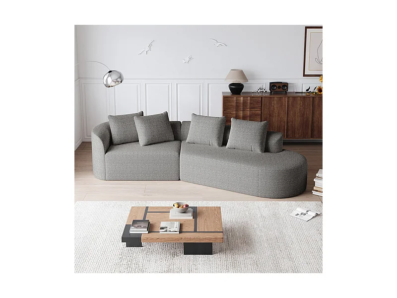 Moderne Overmaatse Rechte 4-zits Hoekbank, met 4 Kussens, Gebogen Lounger, Chenille Stof, Lichtgrijs