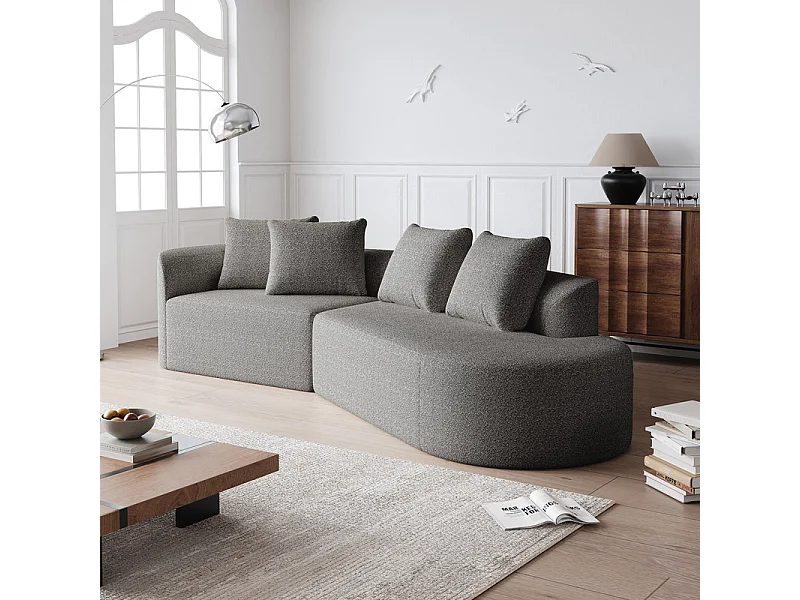 Canapé 4 places d'angle droit moderne surdimensionné, avec 4 oreillers, méridienne incurvé, tissu chenille, Gris clair