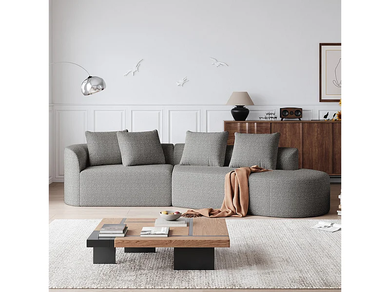 Canapé 4 places d'angle droit moderne surdimensionné, avec 4 oreillers, méridienne incurvé, tissu chenille, Gris clair