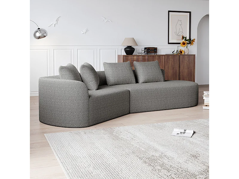 Canapé 4 places d'angle droit moderne surdimensionné, avec 4 oreillers, méridienne incurvé, tissu chenille, Gris clair