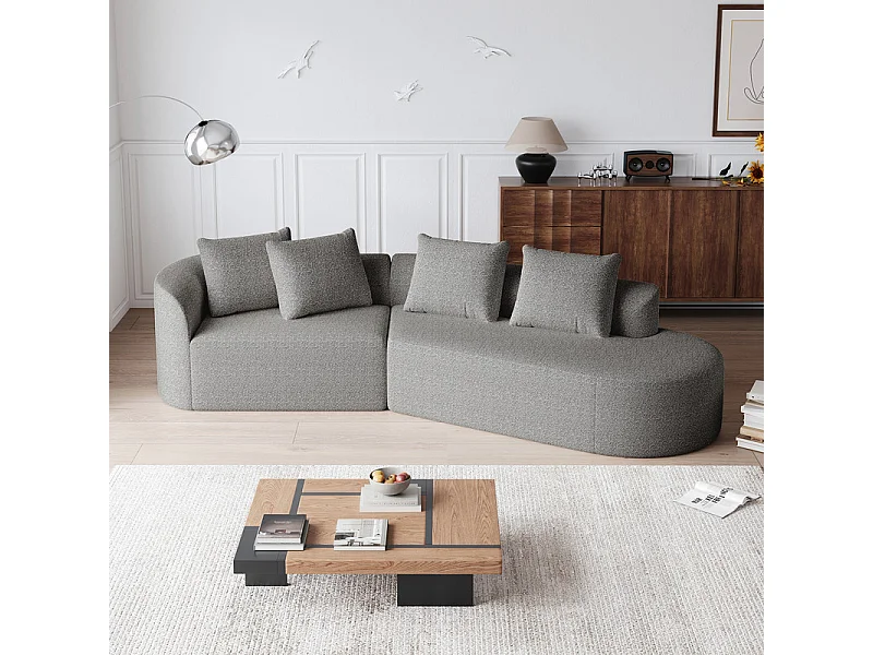 Canapé 4 places d'angle droit moderne surdimensionné, avec 4 oreillers, méridienne incurvé, tissu chenille, Gris clair
