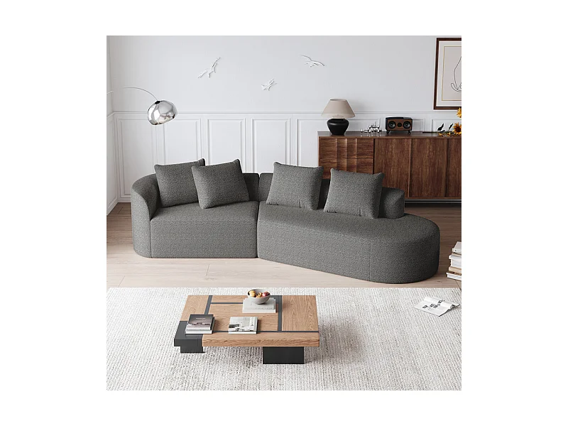 Canapé 4 places d'angle droit moderne surdimensionné, avec 4 oreillers, méridienne incurvé, tissu chenille, Gris anthracite