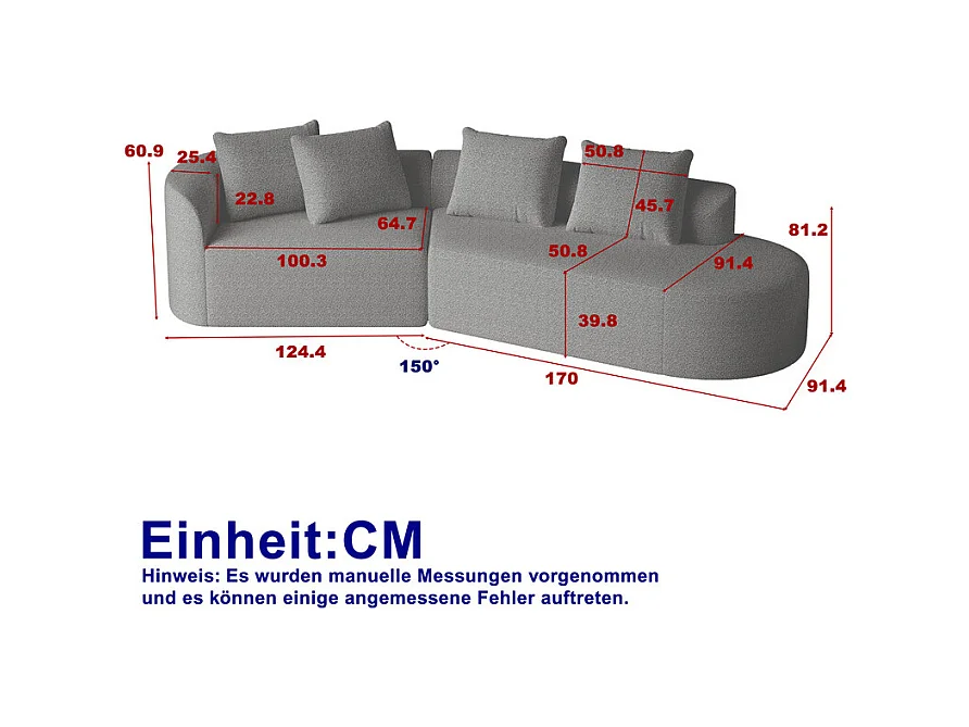 Canapé 4 places d'angle droit moderne surdimensionné, avec 4 oreillers, méridienne incurvé, tissu chenille, Gris anthracite