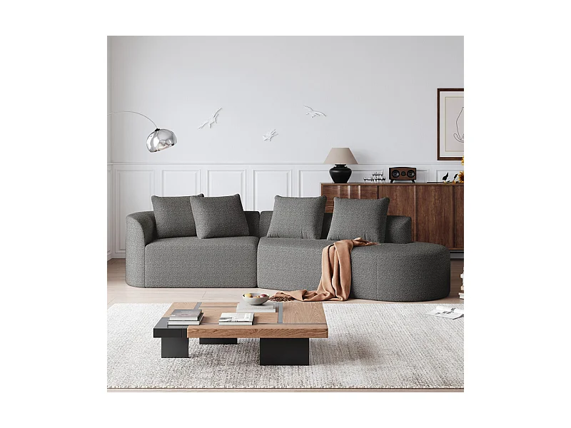 Canapé 4 places d'angle droit moderne surdimensionné, avec 4 oreillers, méridienne incurvé, tissu chenille, Gris anthracite