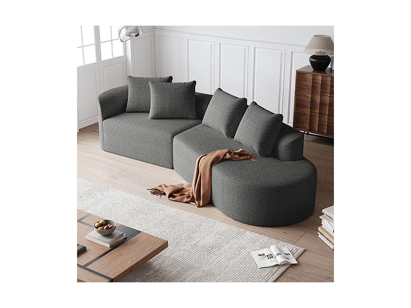 Canapé 4 places d'angle droit moderne surdimensionné, avec 4 oreillers, méridienne incurvé, tissu chenille, Gris anthracite