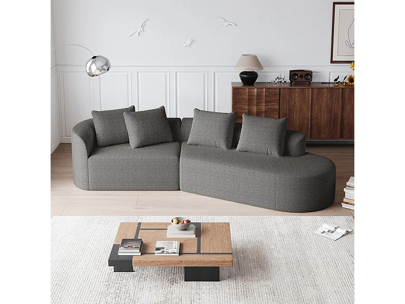 Canapé 4 places d'angle droit moderne surdimensionné, avec 4 oreillers, méridienne incurvé, tissu chenille, Gris anthracite