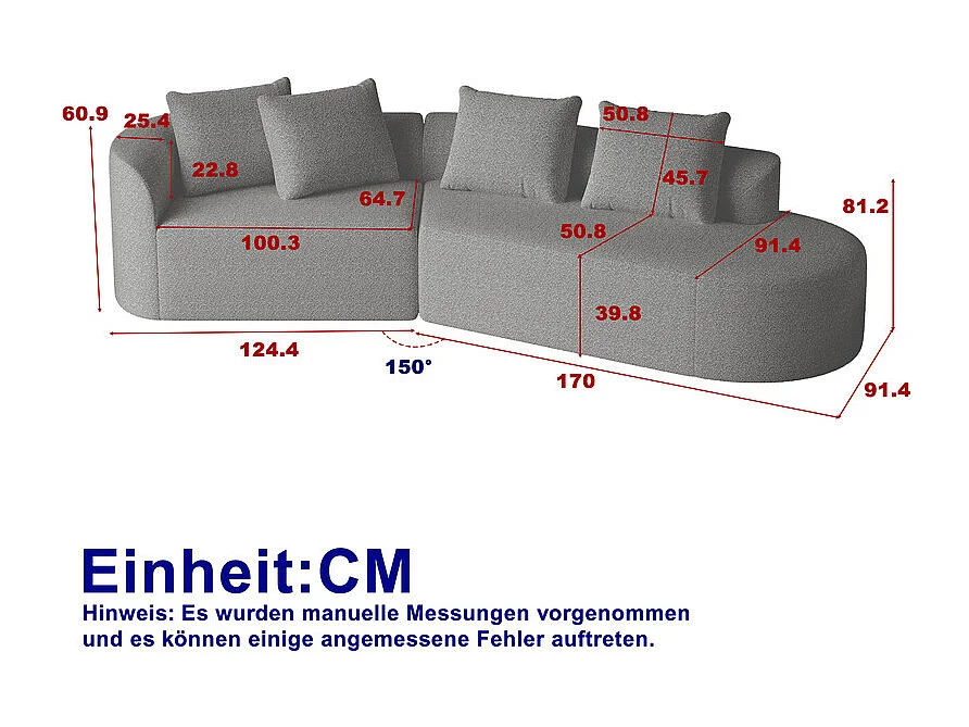 Canapé 4 places d'angle droit moderne surdimensionné, avec 4 oreillers, méridienne incurvé, tissu chenille, Gris anthracite