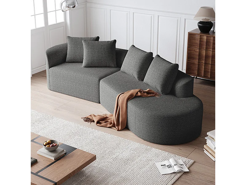 Canapé 4 places d'angle droit moderne surdimensionné, avec 4 oreillers, méridienne incurvé, tissu chenille, Gris anthracite