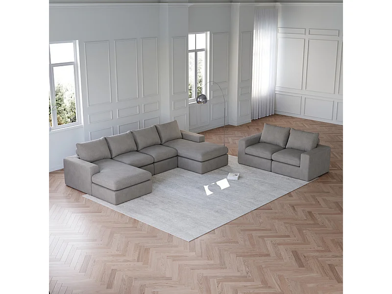 Modulare 6-Sitzer Eckcouch, aus Cord, mit reversibler Relaxliege, DIY Wohnzimmer, Hellgrau